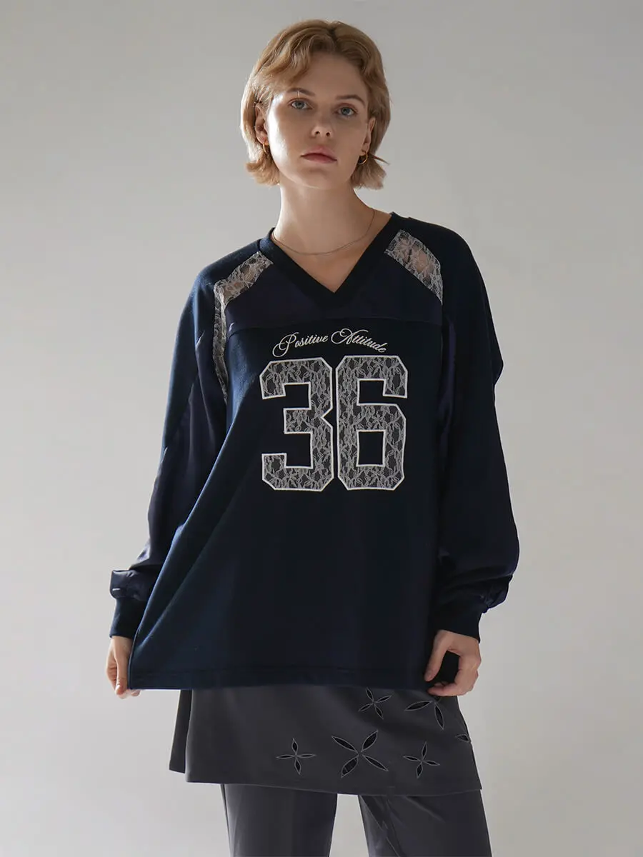トップス Etrarium hearthul sweat SATIN×LACE NUMBERNG LONG SLEEVE GAME SWEAT - :ETHR OF - :ETHR OF