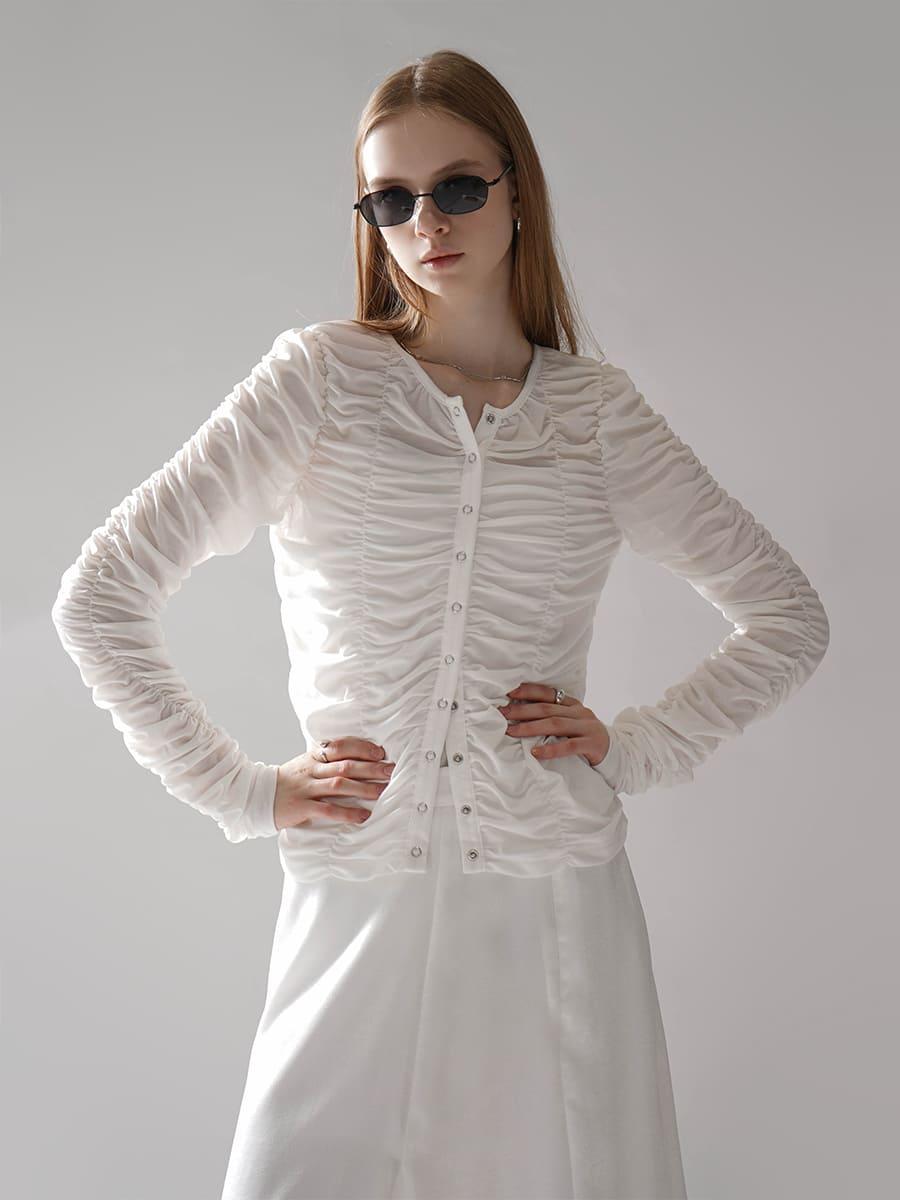 SHEER GATHER CREW NECK CARDIGAN