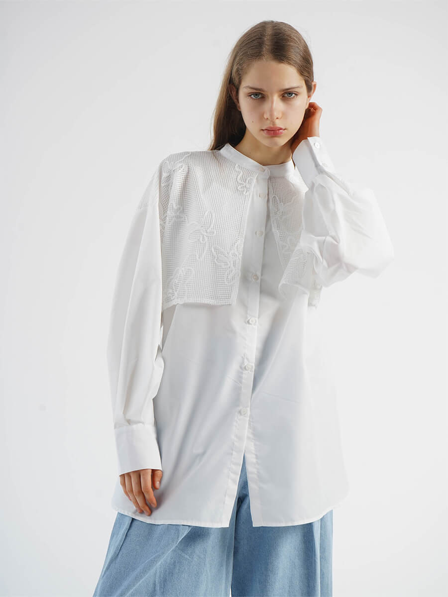 CODE EMBROIDERY MESH CAPE SHIRT
