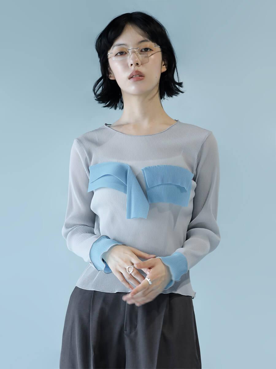 SHEER PLEATS LONG SLEEVE TOPS