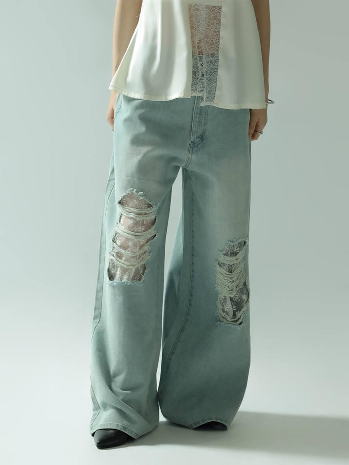 LACE DOCKING DAMAGE DENIM PANTS - :ETHR OF - :ETHR OF｜YAMADAYA STORE