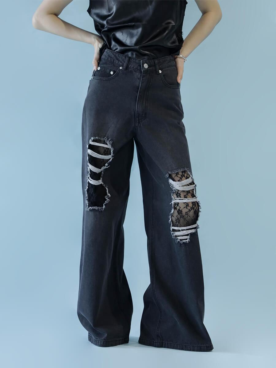 DAMAGE LACE WIDE DENIM