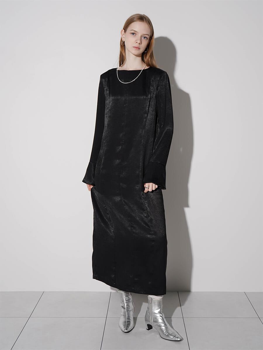 BELL SLEEVE I-LINE SATIN DRESS