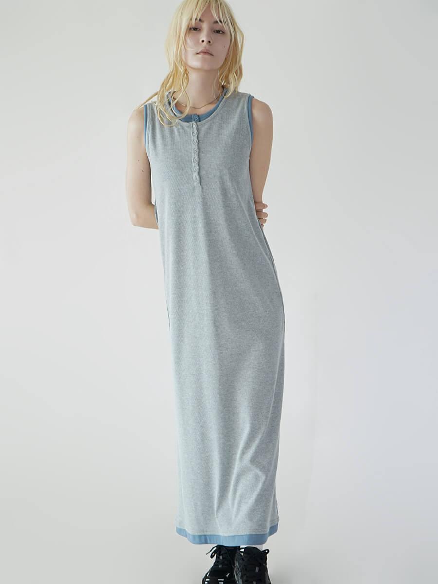 HENLEY NECK LAYERED LIKE RIB SLEEVELESS ONEPIECE