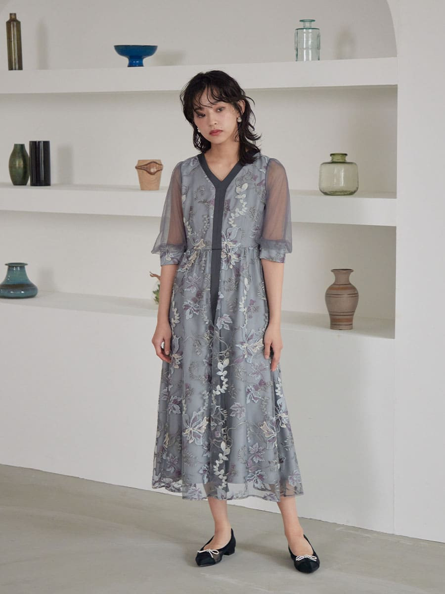フラワー刺繍シアースリーブワンピース YAMADAYA STORE フラワー刺繍シアースリーブワンピース YAMADAYA STORE