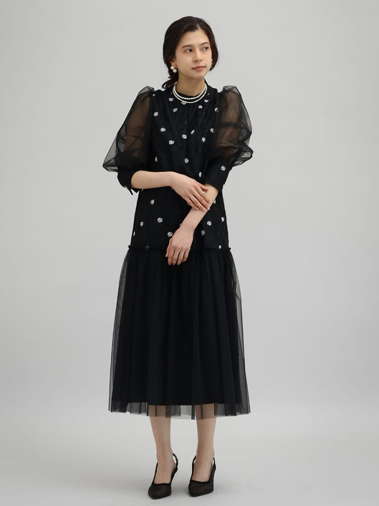 Rirefete 】チュール フラワー刺繍ドレス 黒 9号 シアー ブラック