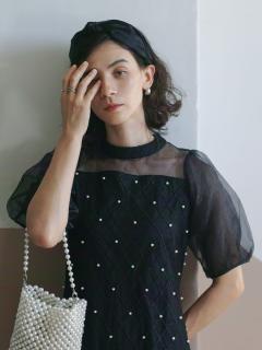 [タグ付き新品] petirobe バルーンスリーブパールドレス petirobe】バルーンスリーブパールドレス