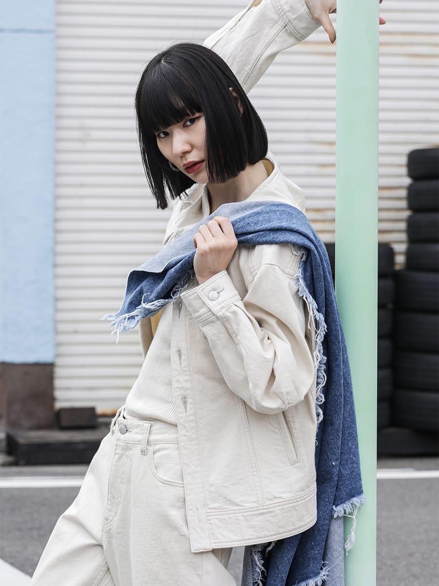 ノーカラーデニムジャケット