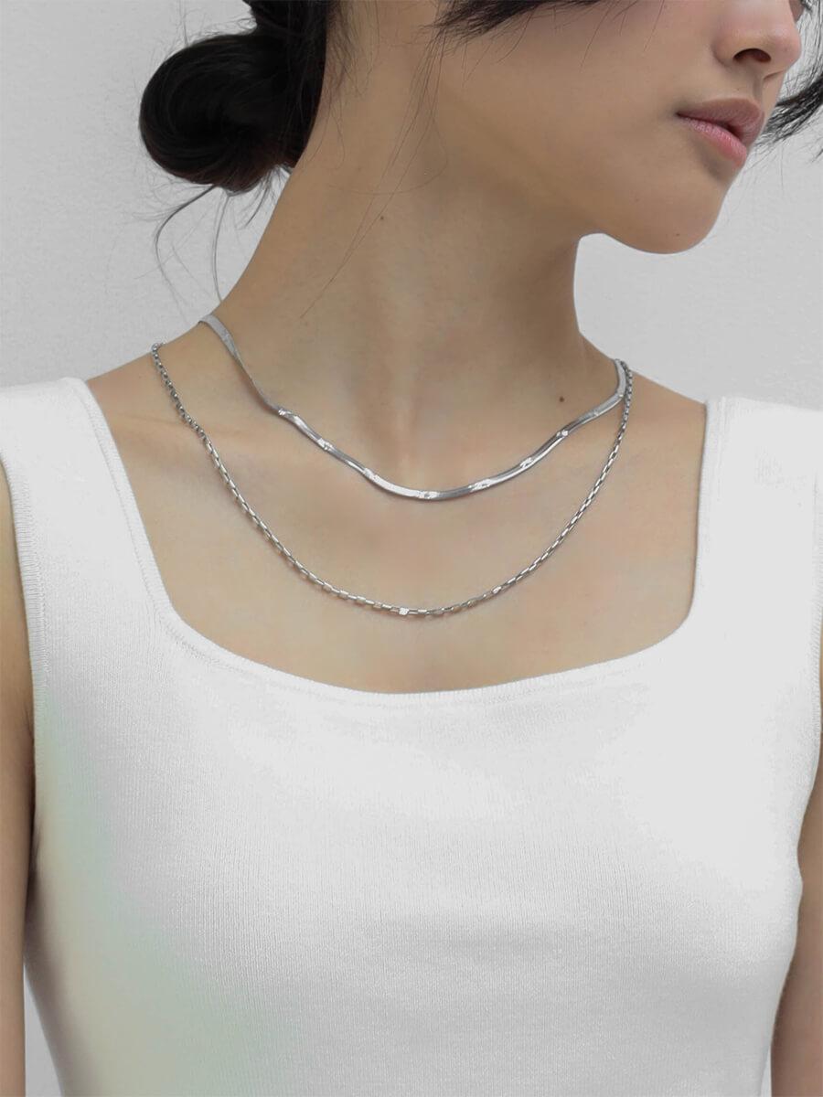 ヘリンボーン×ボックス レイヤードチェーンネックレス〈316L-STAINLESS〉