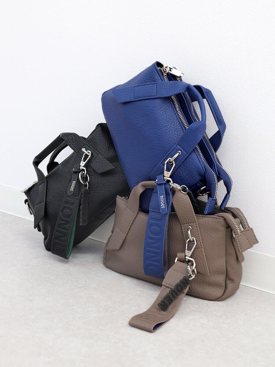 チャーム付きミニ2wayフェイクレザーバッグ(greige/ black/bule)