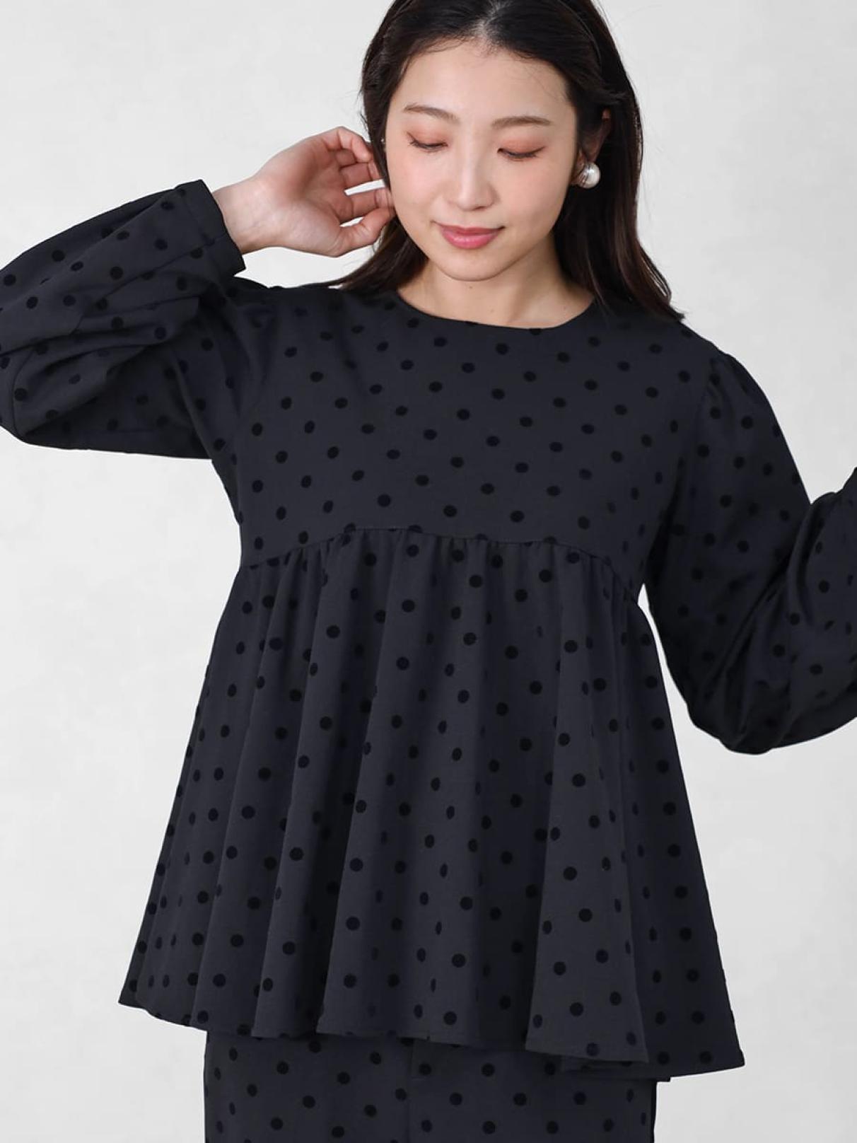 フロッキードットペプラムブラウス - Vin NAVY - Vin｜YAMADAYA STORE