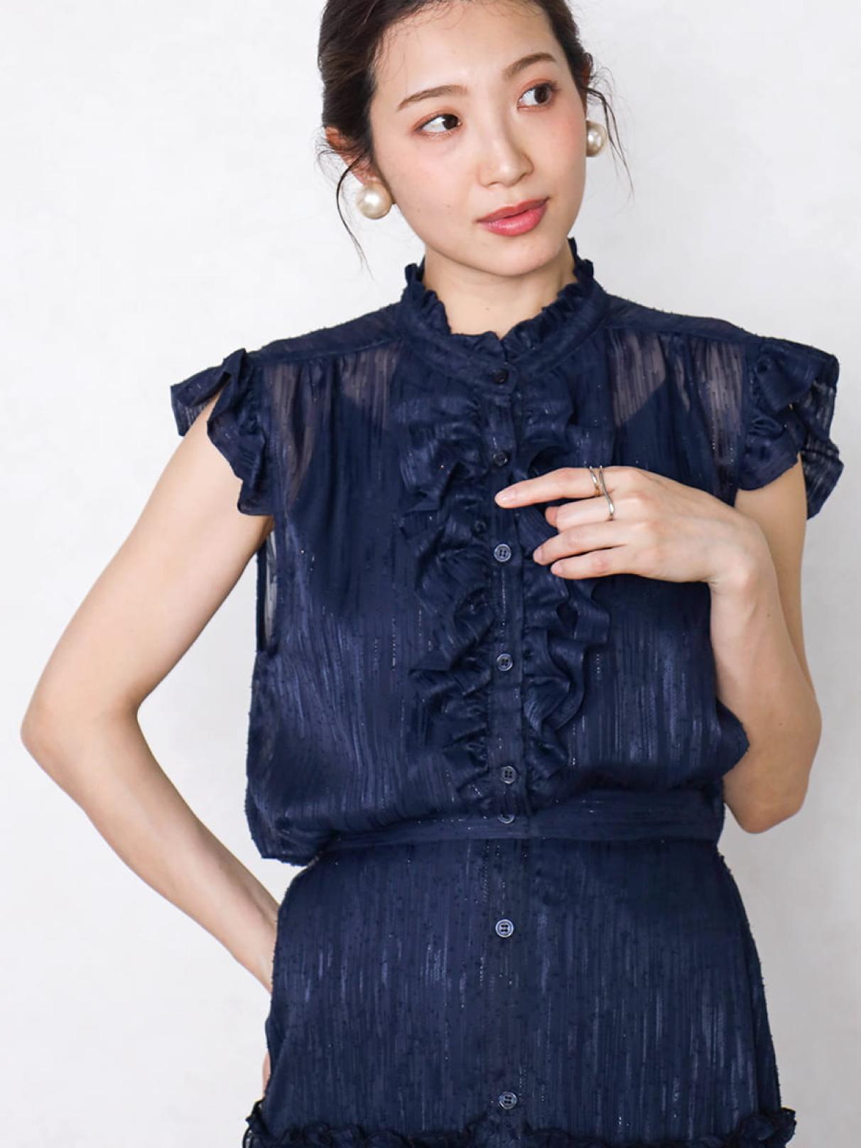 ラメジャガードフリルブラウス - Vin NAVY - Vin｜YAMADAYA STORE