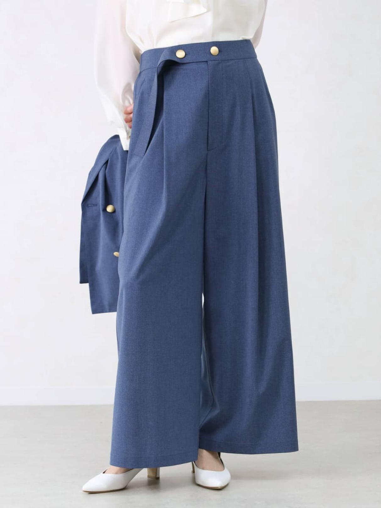 極美品✨フォクシー 希少サイズ42 ウォータープルーフワイドパンツ 撥水 紺 360°キレイ 2Wayストレッチ ワイドパンツ 紺 セットアップ着用可【AOKI