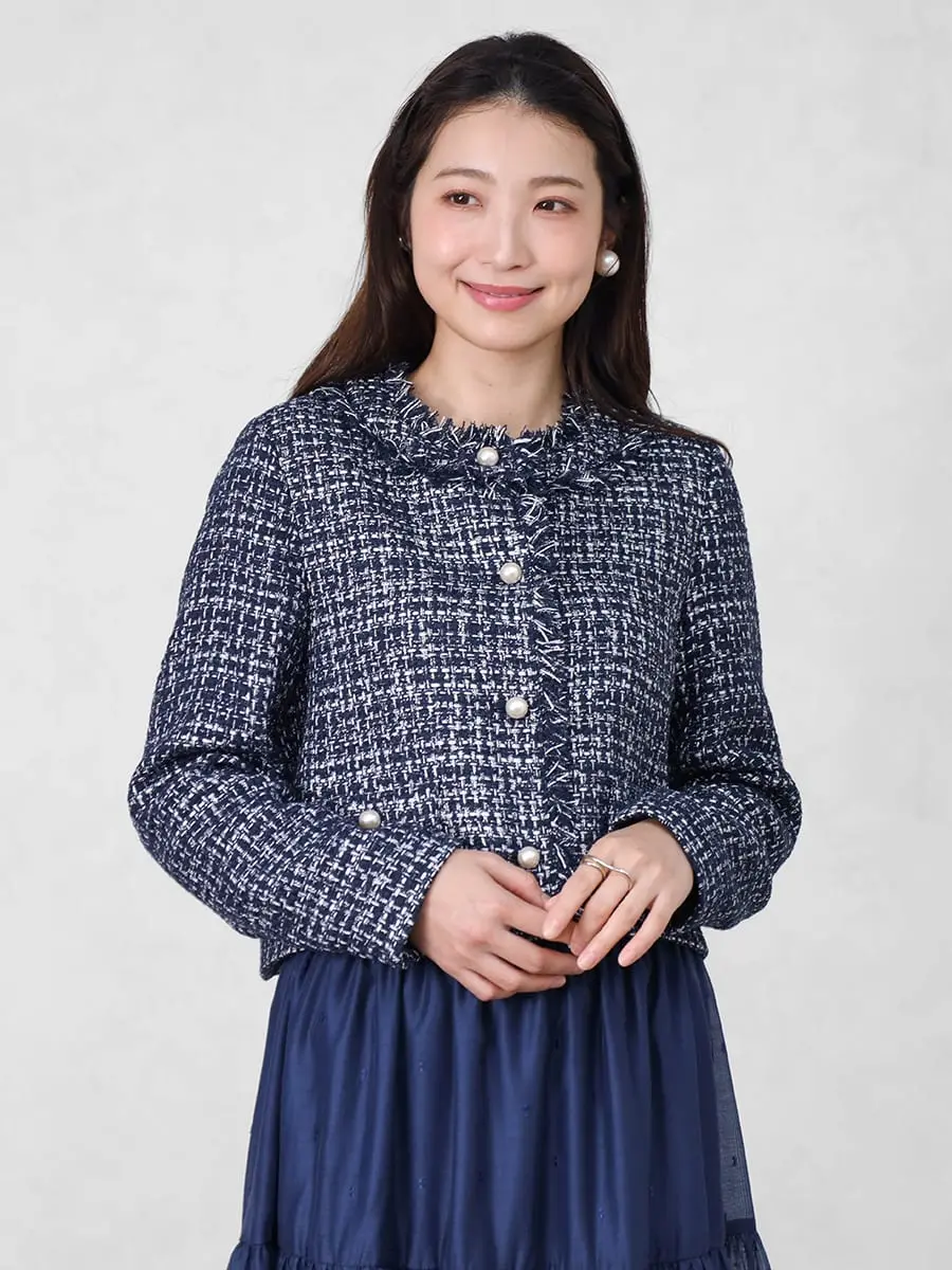 パールボタンツイードノーカラージャケット - Vin NAVY - Vin