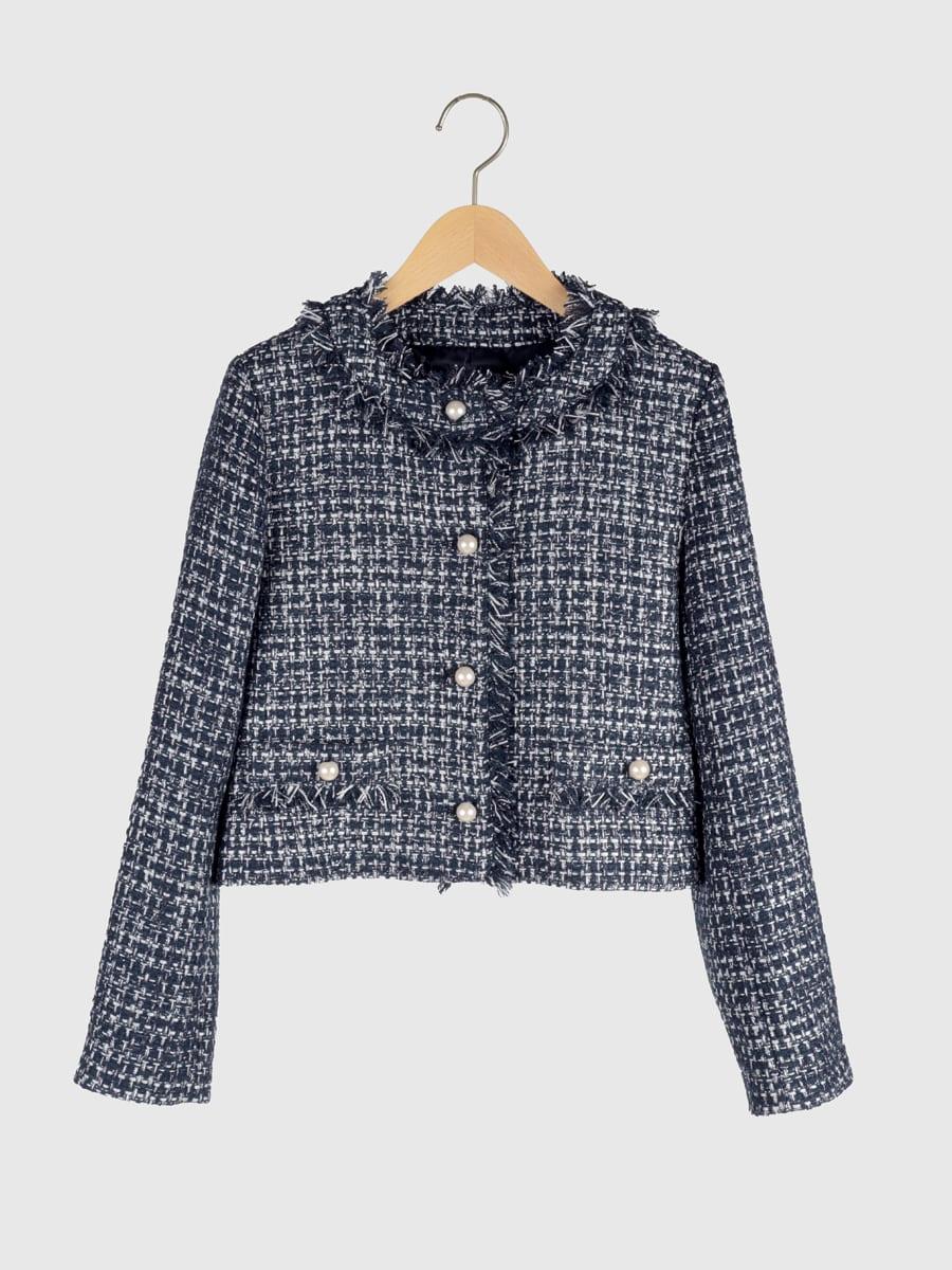 パールボタンツイードノーカラージャケット - Vin NAVY - Vin