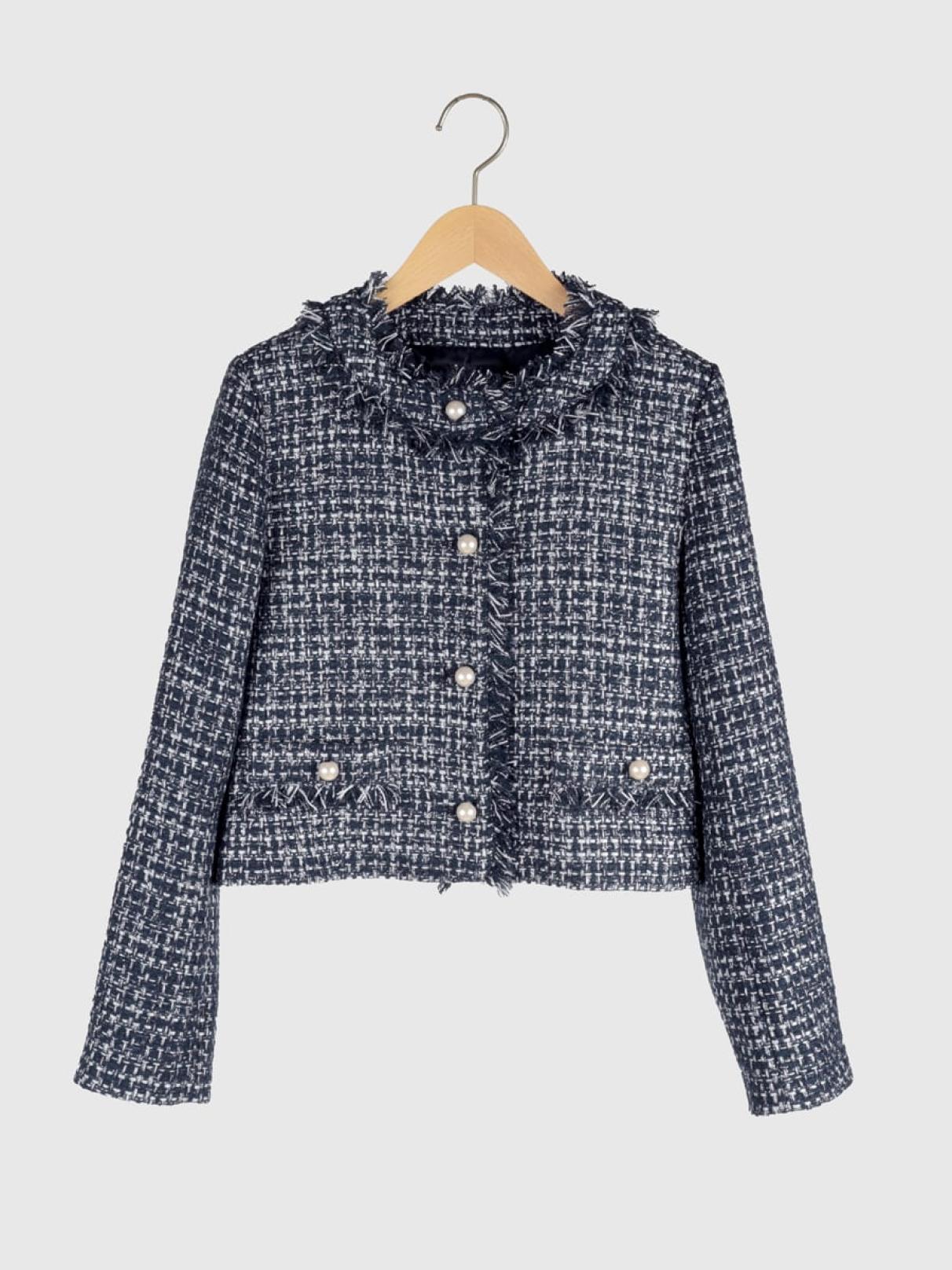 パールボタンツイードノーカラージャケット - Vin NAVY - Vin