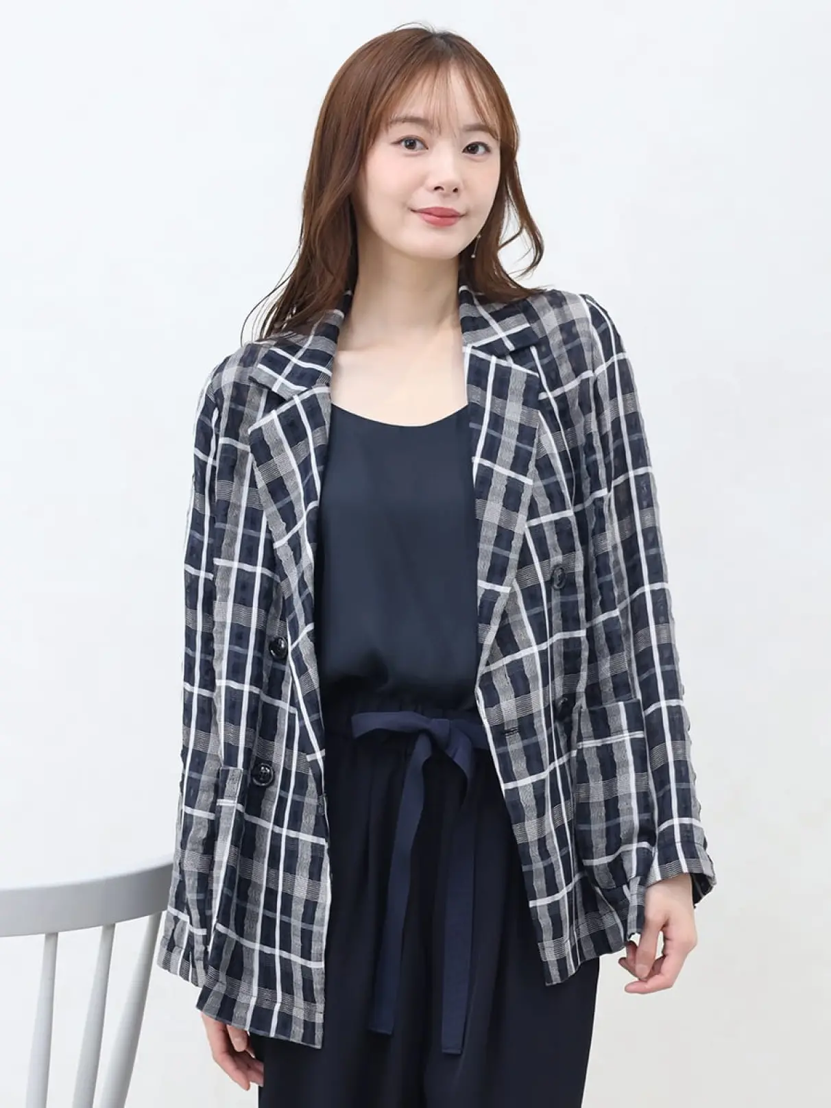 シアーチェックダブルジャケット - Vin NAVY - Vin｜YAMADAYA STORE