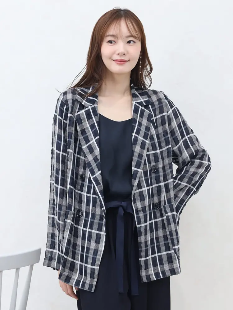 シアーチェックダブルジャケット - Vin NAVY - Vin｜YAMADAYA STORE