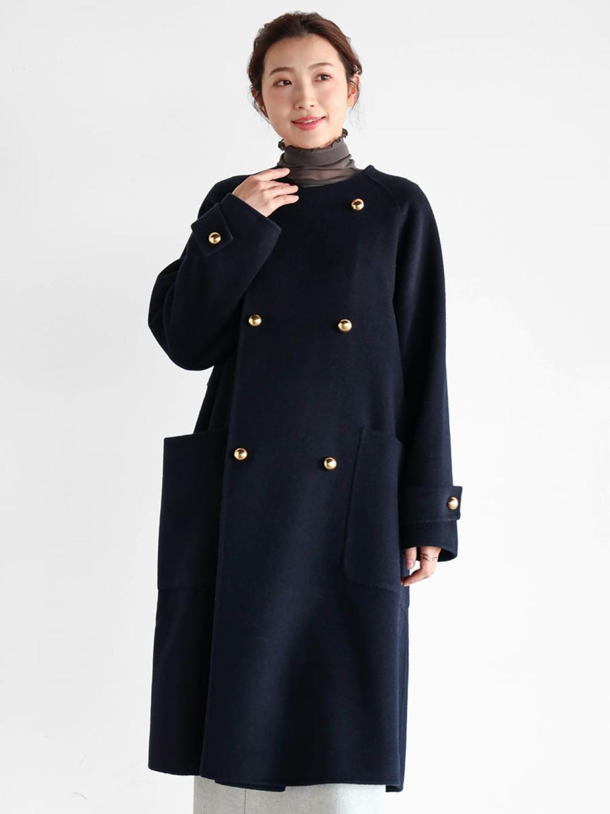 ウール コート　黒 ウールリバーノーカラーロングコート - Vin NAVY - Vin｜YAMADAYA STORE