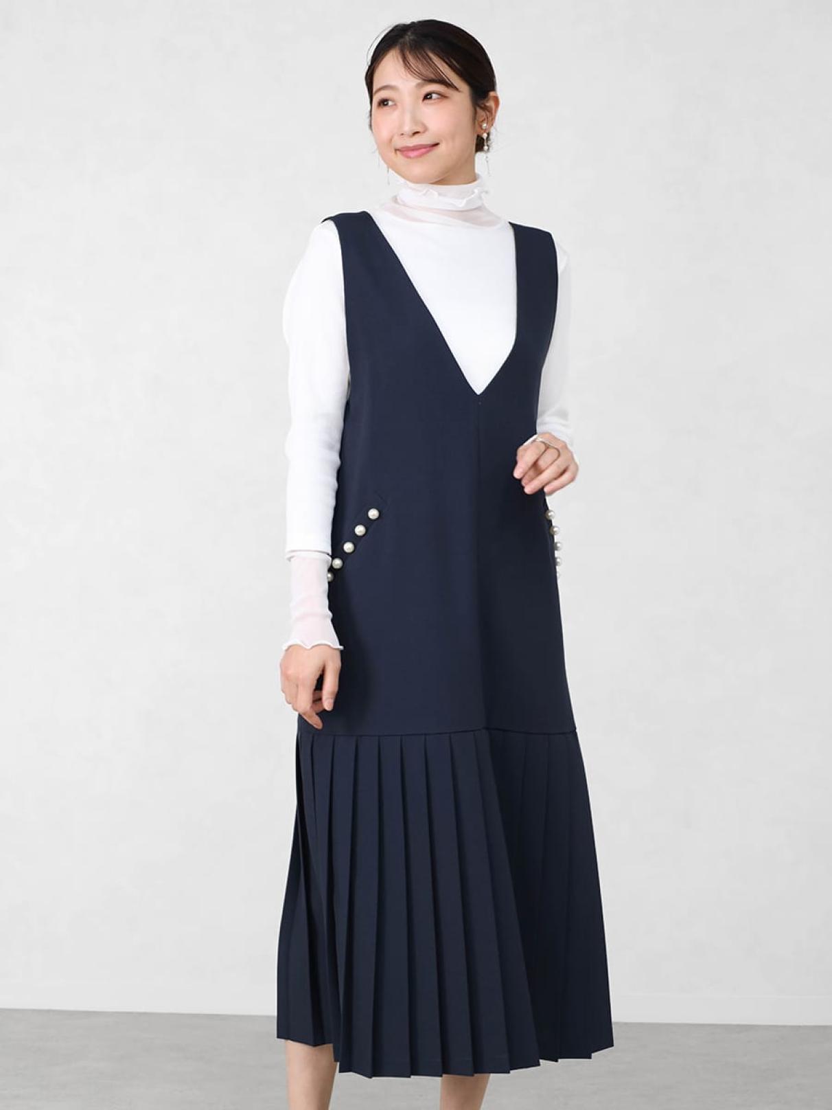 パールポケットプリーツジャンパースカート - Vin NAVY - Vin