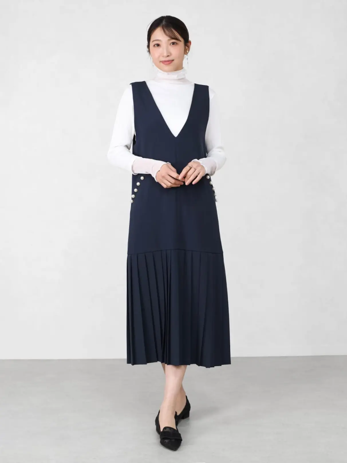 パールポケットプリーツジャンパースカート - Vin NAVY - Vin