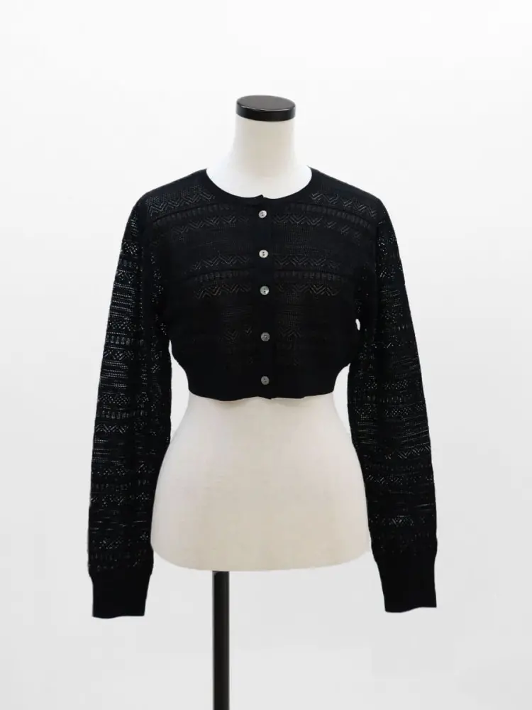 クロシェ編みクロップドニットカーディガン - Aga Black - Aga