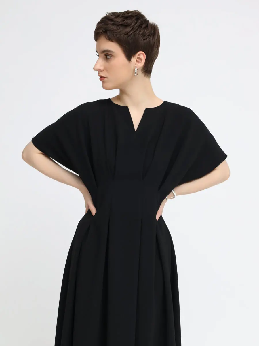 ＊Aga  ワンピース＊ キーネックウエストタックワンピース - Aga Black - Aga