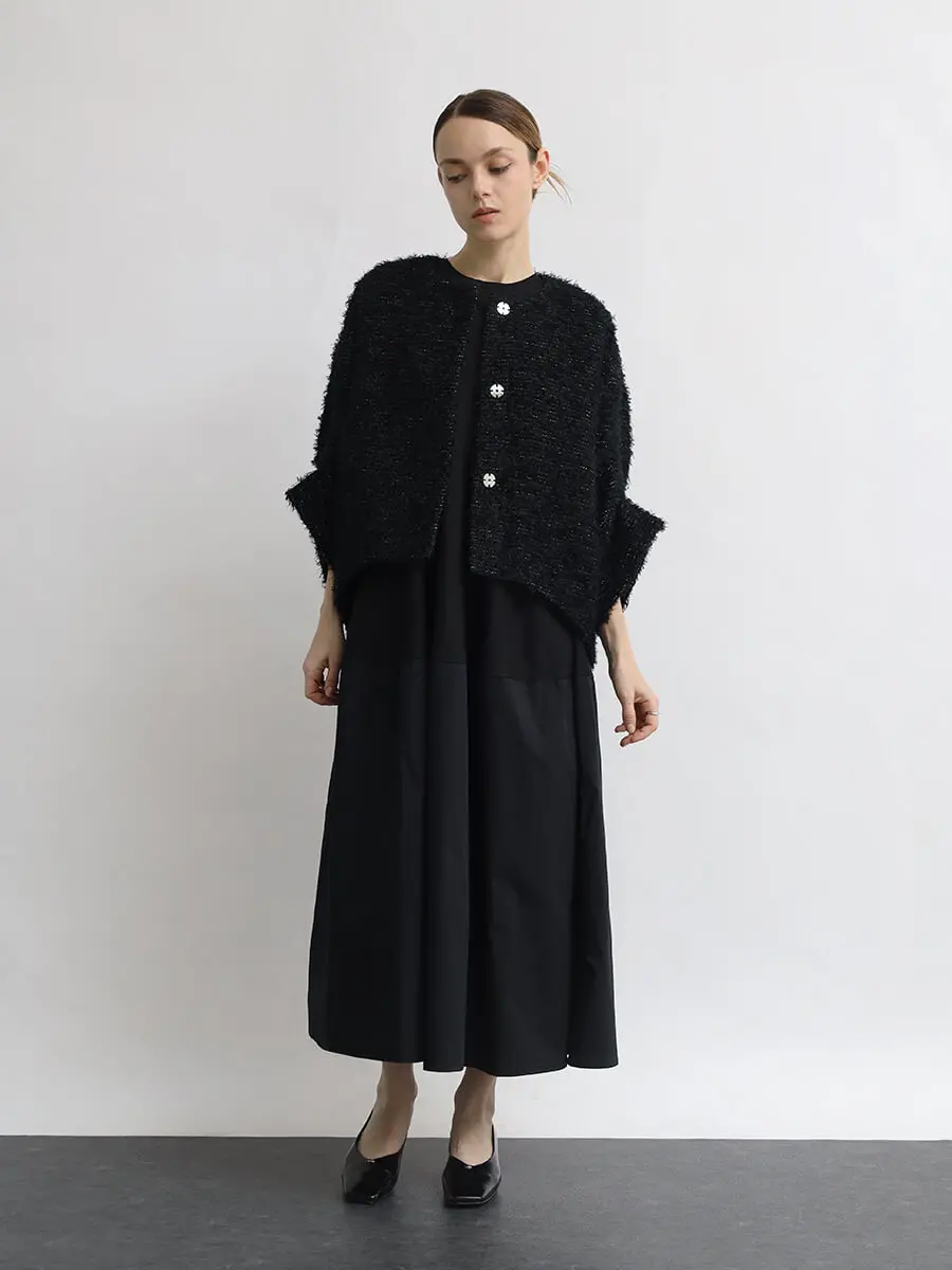 ヤマダヤ　ガルン　Aga Black 14Ｇ布帛ドッキング　ワンピース タフタ切替ニットロングワンピース - Aga Black - Aga｜YAMADAYA