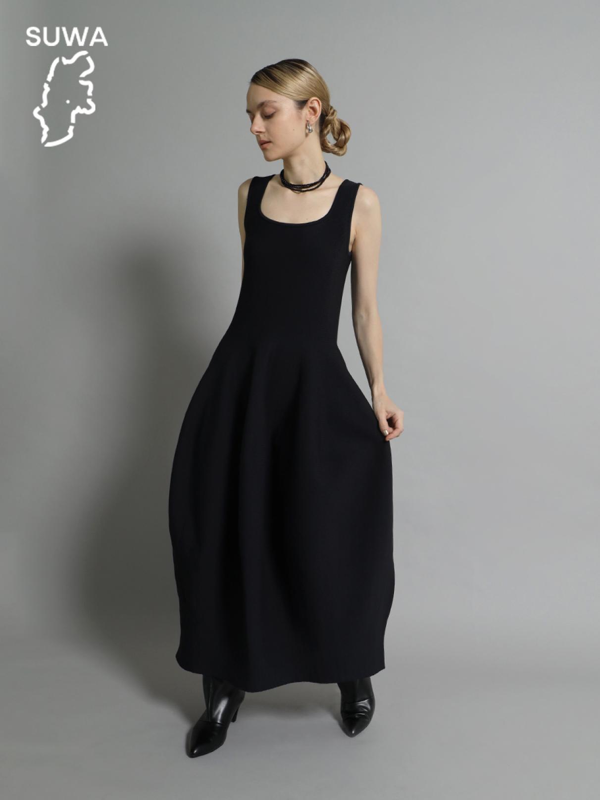 諏訪】スクエアネックコクーンニットワンピース - Aga Black - Aga