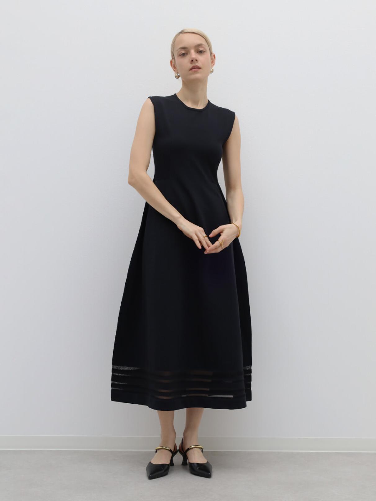 ヤマダヤ Aga BLACK ストレッチタフタフレアワンピース フレアワンピース 諏訪】 リブデザインフレアニットワンピース - Aga Black - Aga