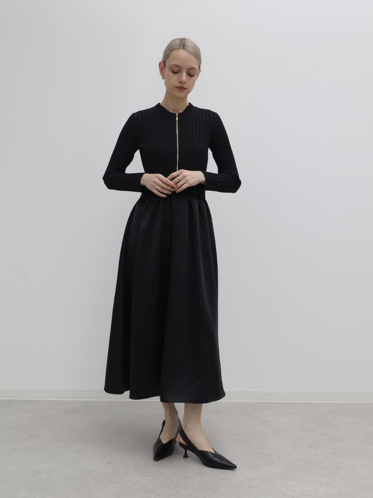 フロントジップリブニット切替ワンピース - Aga Black - Aga｜YAMADAYA
