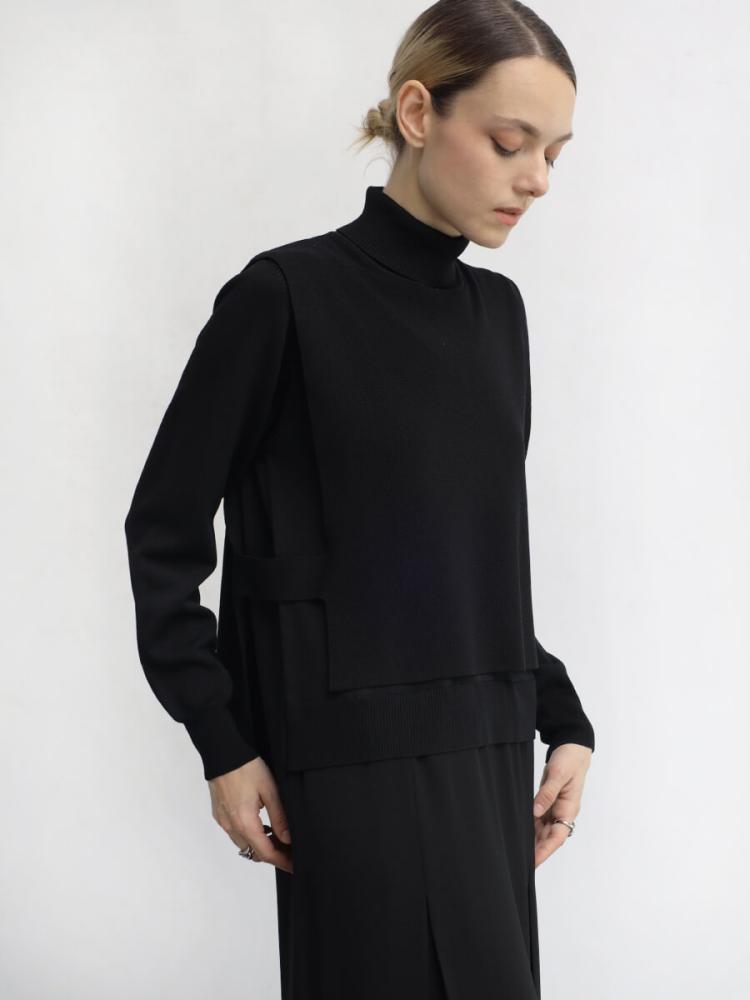 ニットベストレイヤード異素材ワンピース - Aga Black - Aga｜YAMADAYA