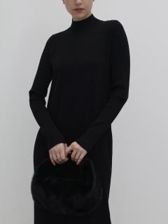 リブコンビハイネックニットロングワンピース - Aga Black - Aga
