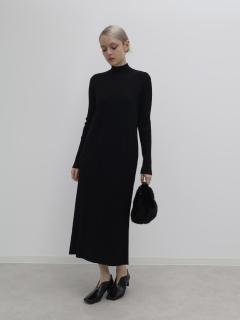 リブコンビハイネックニットロングワンピース - Aga Black - Aga