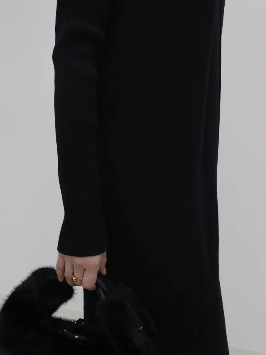 リブコンビハイネックニットロングワンピース - Aga Black - Aga