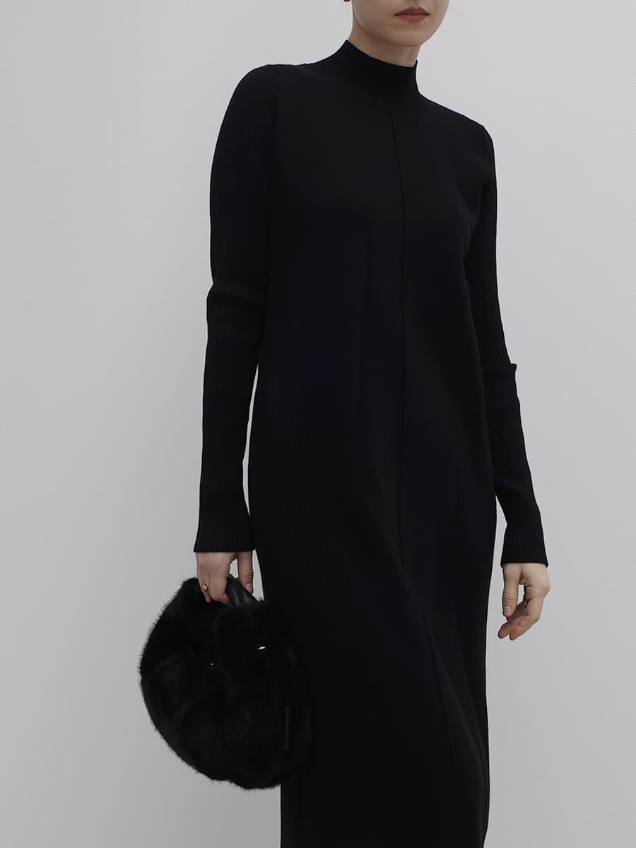リブコンビハイネックニットロングワンピース - Aga Black - Aga