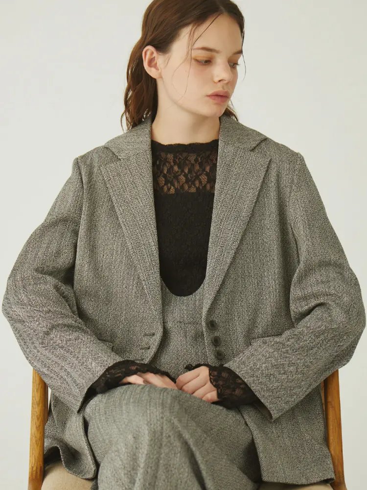 ボタンデザインヘリンボーンテーラードジャケット - Ample - Vin