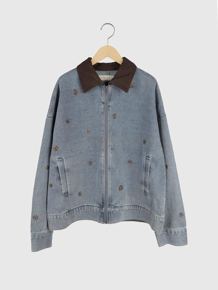 フラワービジューデニムジップジャケット