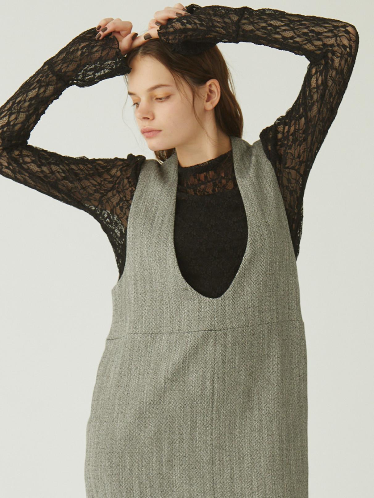 ヘリンボーンディープネックジャンパースカート - Ample - Vin