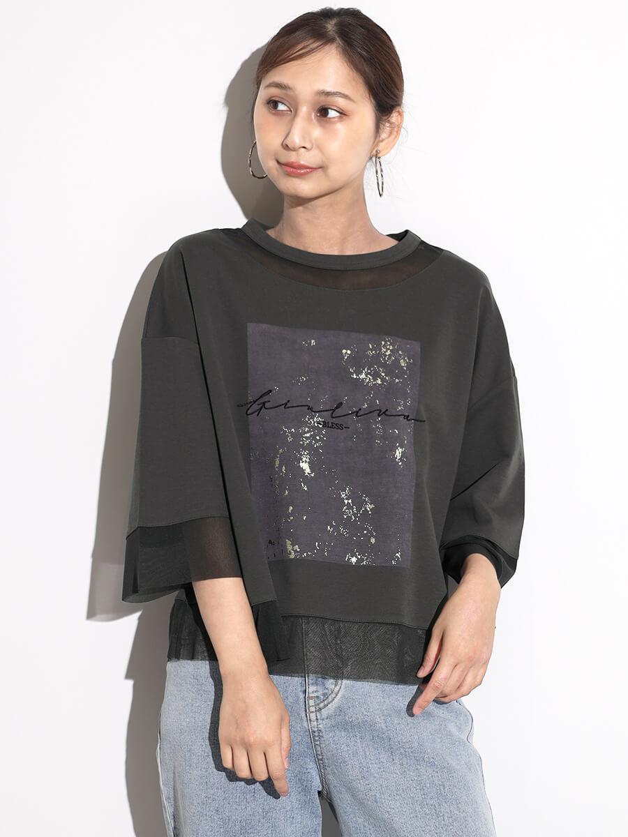 メッシュ切替スクエアプリントカットソー